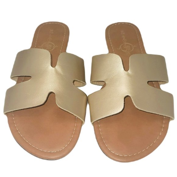 Sole Mates Womens H Slab Bottom G Gold Shimmer Leather Slides Flats Sandals NEW - Picture 1 of 6